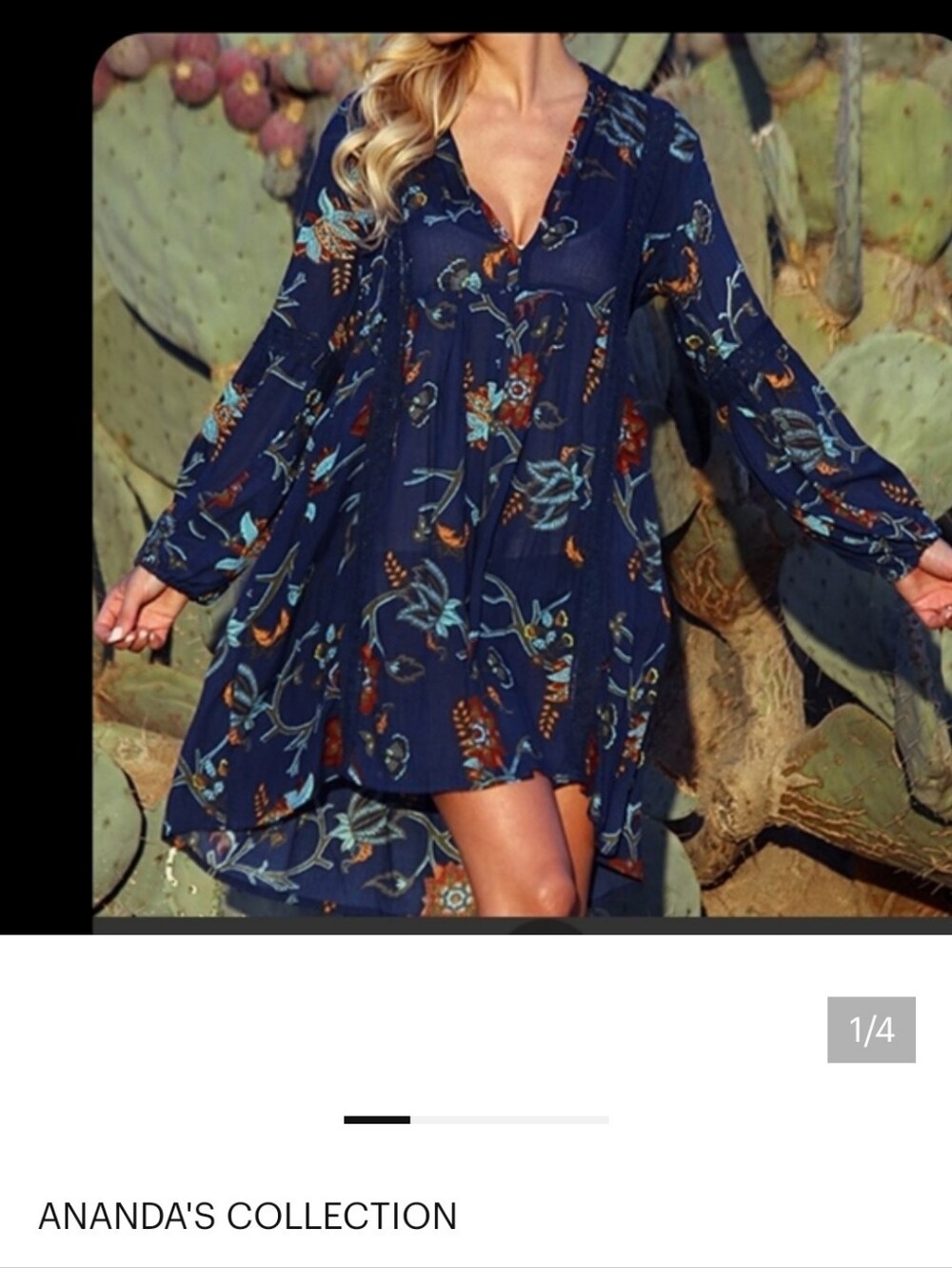 Anandas Collection Navy Floral V-Neck Long-Sleeve Dress Size 2XNWT